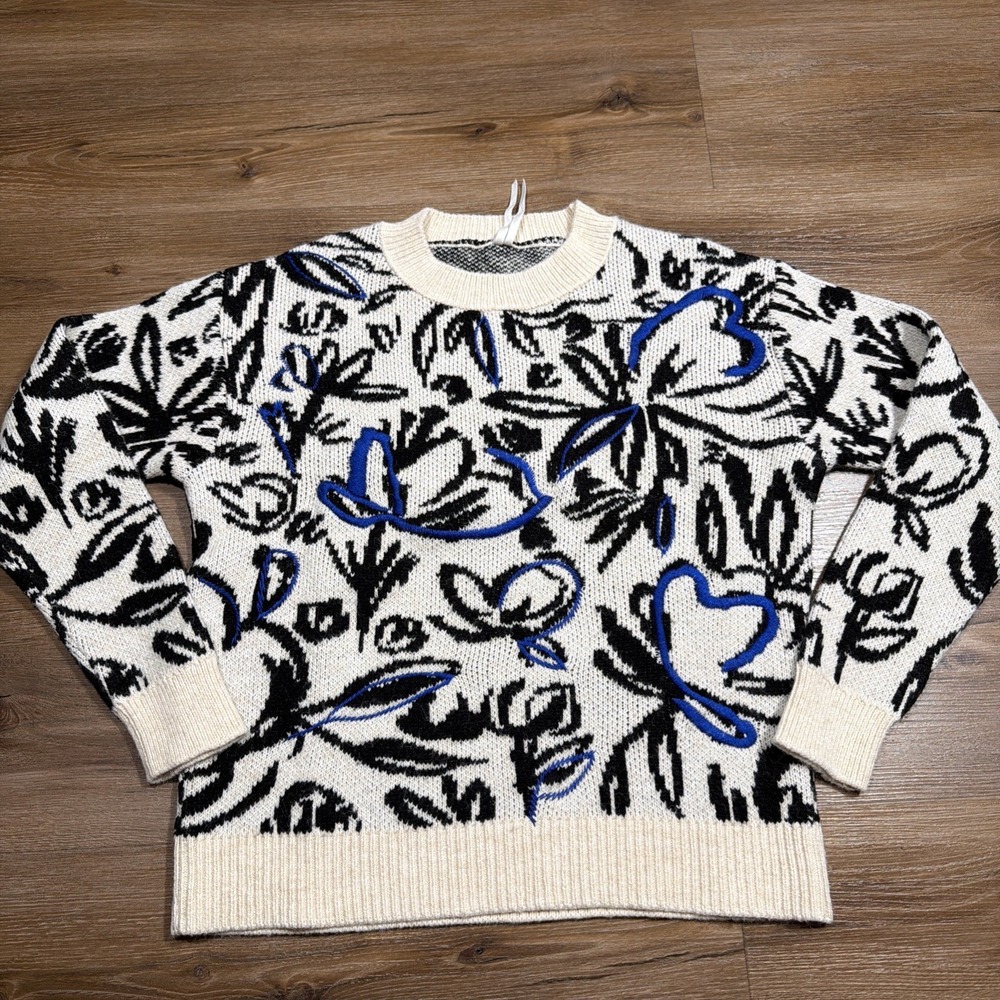 by Anthropologie Women's Size XS Blue Motif Floral Pop‎ Embroidered Sweater $128